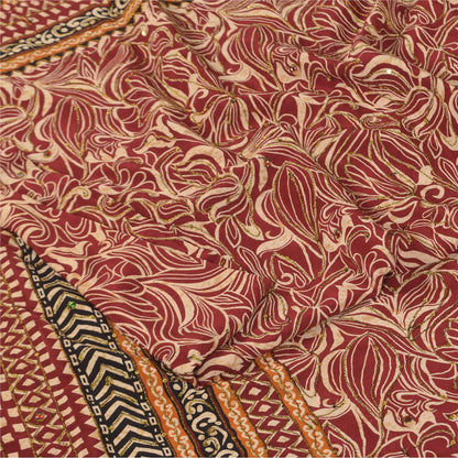 Sanskriti Vintage Sarees Red Pure Crepe Printed Hand Beaded Sari 5+yd Sustainable Fabric