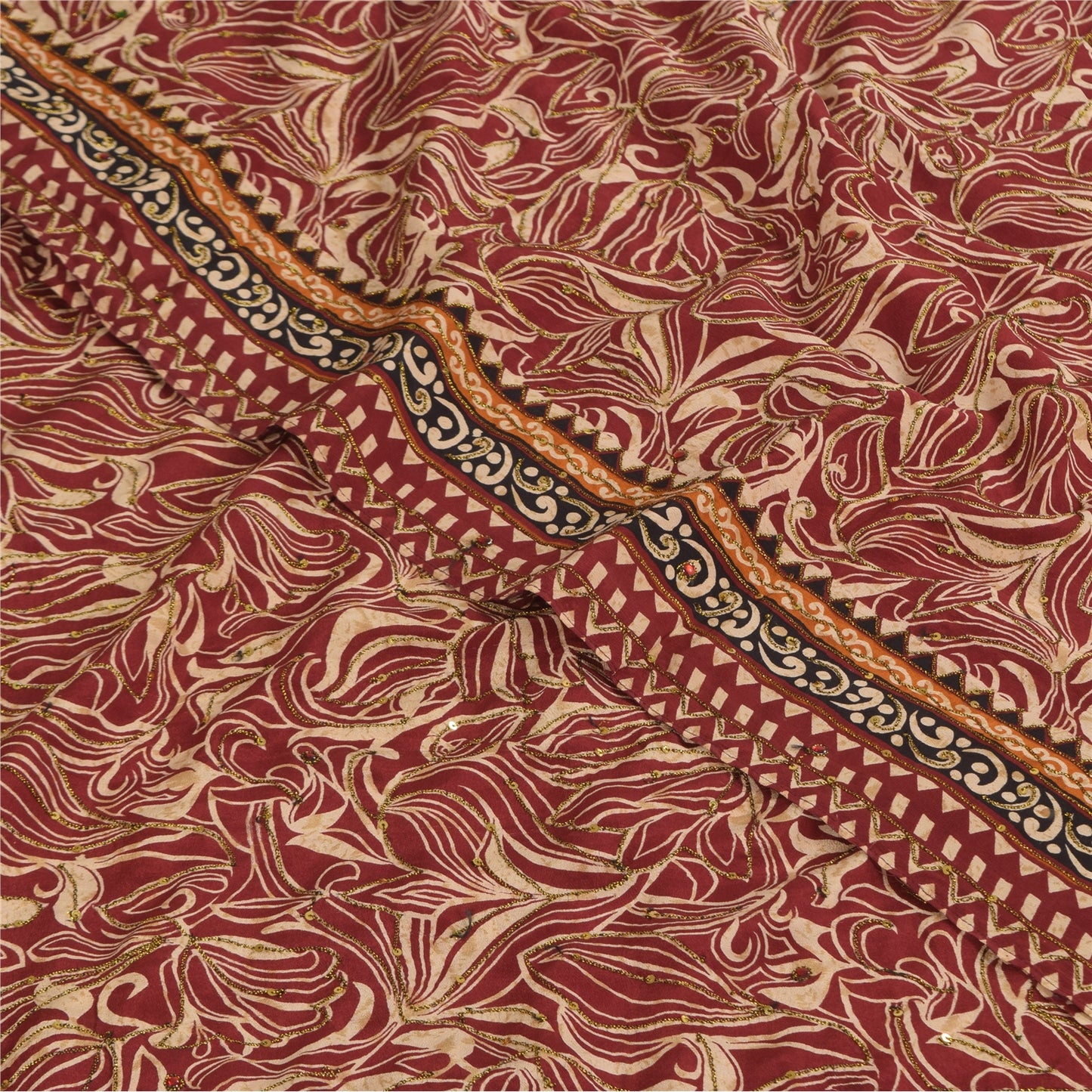 Sanskriti Vintage Sarees Red Pure Crepe Printed Hand Beaded Sari 5+yd Sustainable Fabric