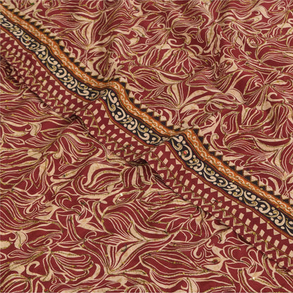 Sanskriti Vintage Sarees Red Pure Crepe Printed Hand Beaded Sari 5+yd Sustainable Fabric