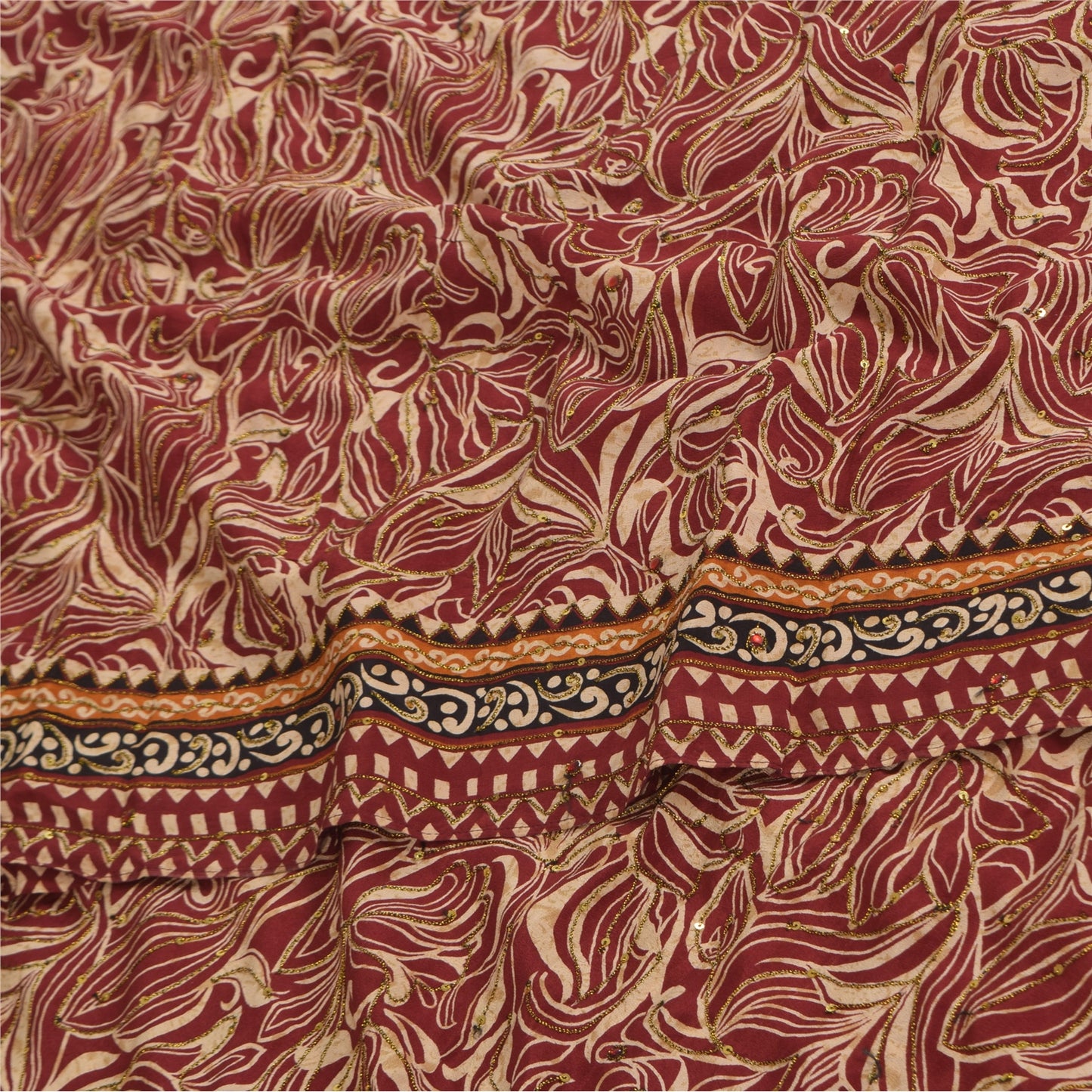 Sanskriti Vintage Sarees Red Pure Crepe Printed Hand Beaded Sari 5+yd Sustainable Fabric