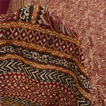 Sanskriti Vintage Sarees Red Pure Crepe Printed Hand Beaded Sari 5+yd Sustainable Fabric