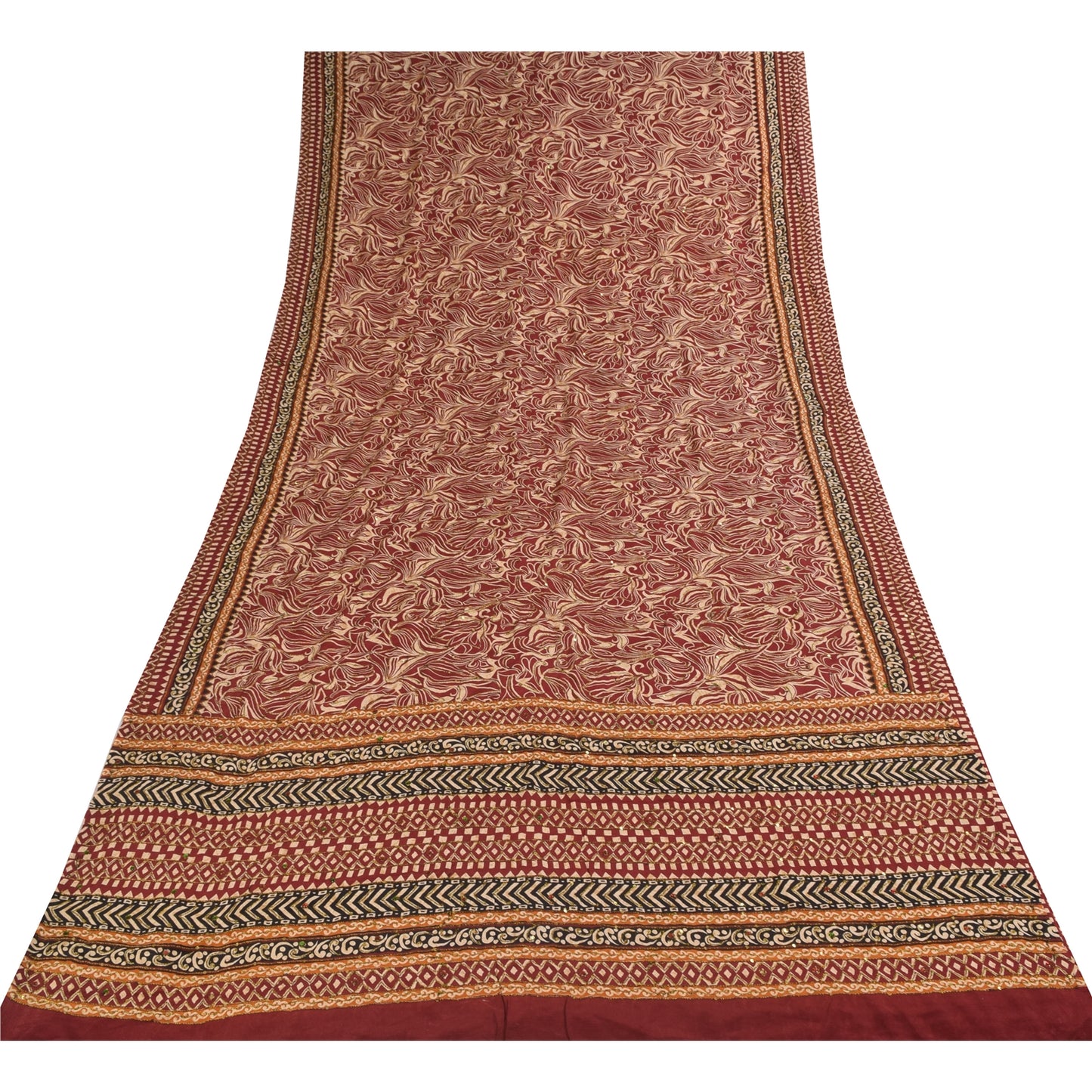 Sanskriti Vintage Sarees Red Pure Crepe Printed Hand Beaded Sari 5+yd Sustainable Fabric