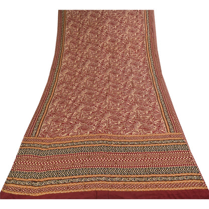 Sanskriti Vintage Sarees Red Pure Crepe Printed Hand Beaded Sari 5+yd Sustainable Fabric