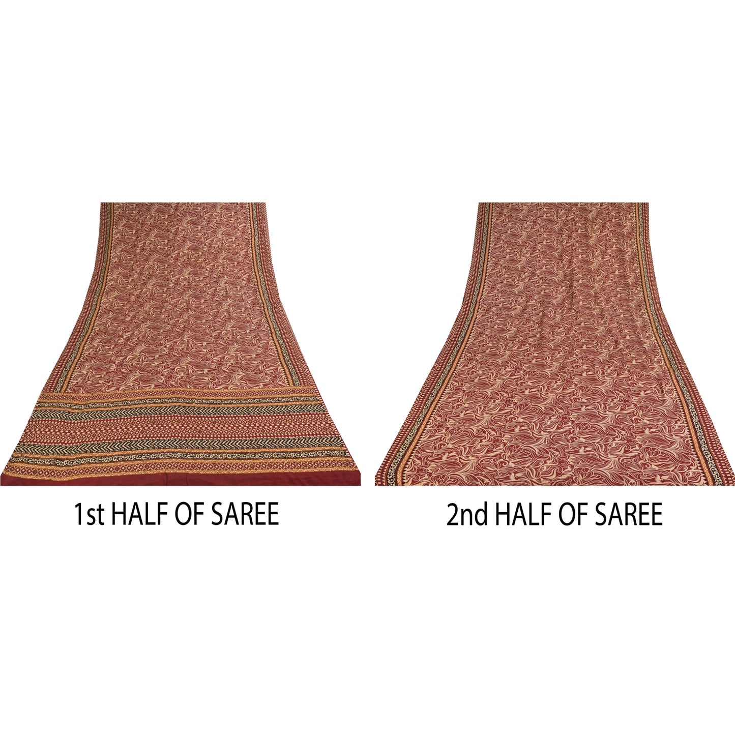 Sanskriti Vintage Sarees Red Pure Crepe Printed Hand Beaded Sari 5+yd Sustainable Fabric