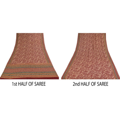 Sanskriti Vintage Sarees Red Pure Crepe Printed Hand Beaded Sari 5+yd Sustainable Fabric