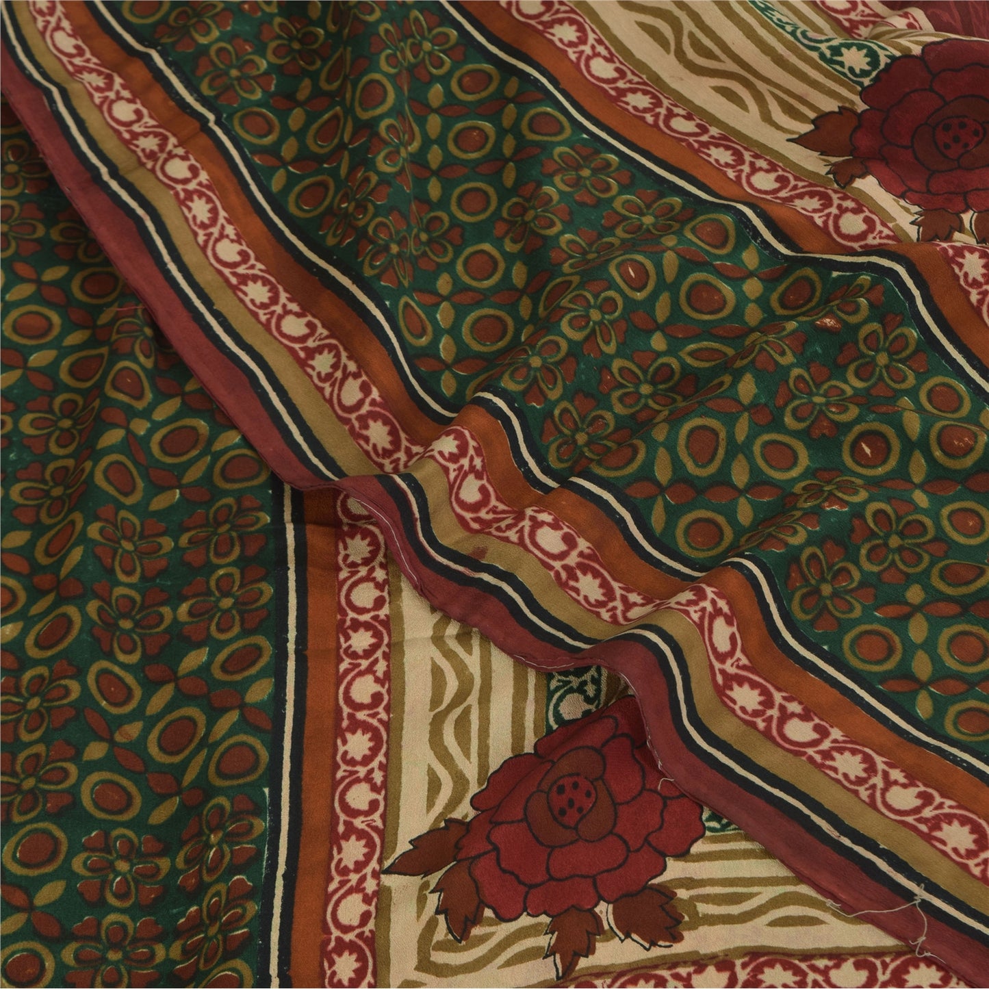 Sanskriti Vintage Sarees Dark Red Pure Crepe Silk Printed Sari 5+yd Craft Sustainable Fabric