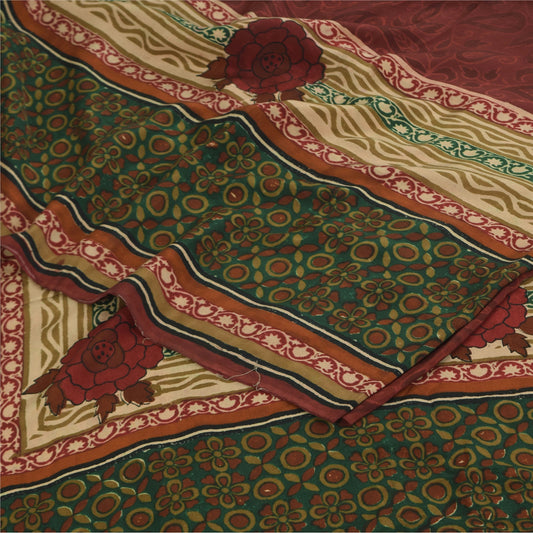 Sanskriti Vintage Sarees Dark Red Pure Crepe Silk Printed Sari 5+yd Craft Sustainable Fabric