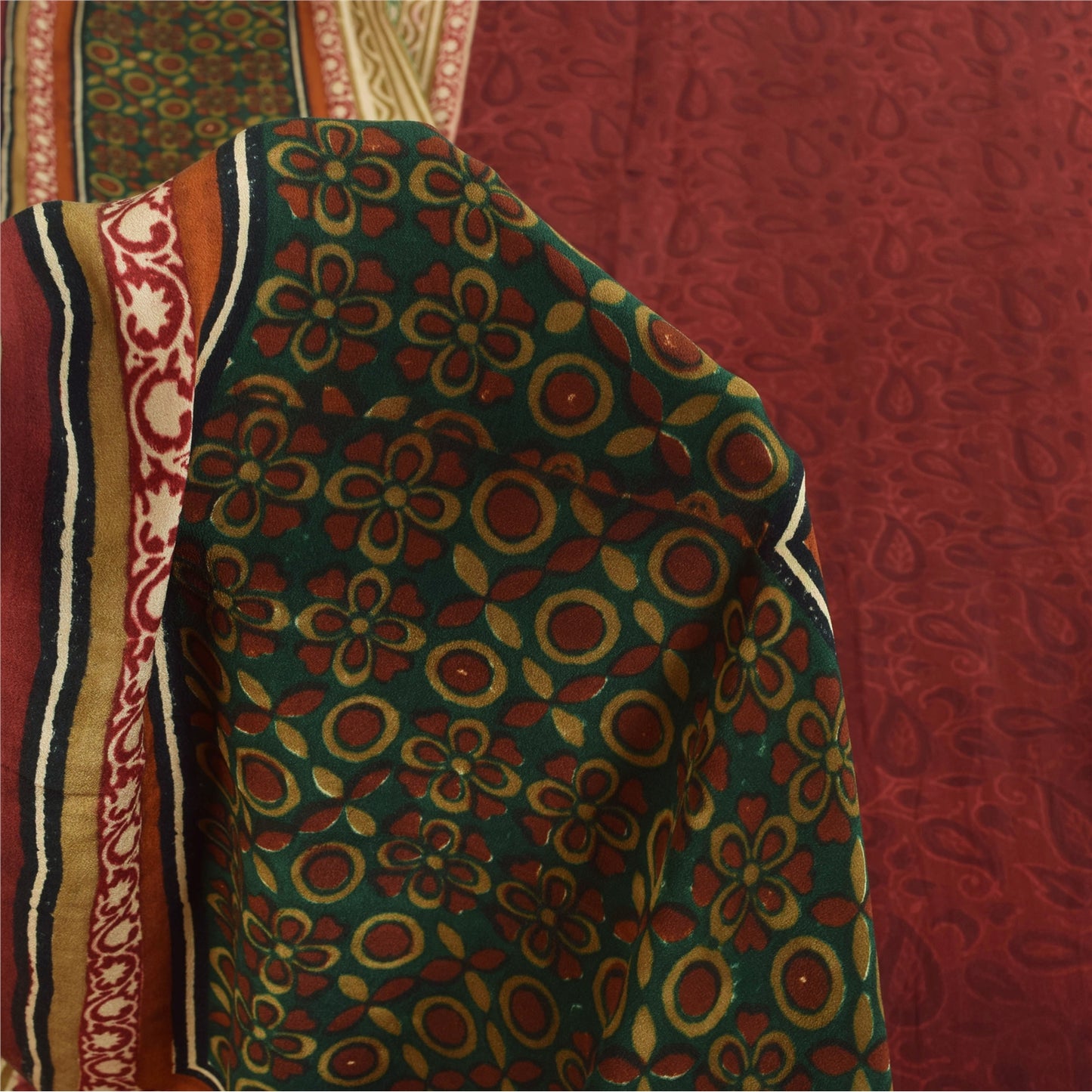 Sanskriti Vintage Sarees Dark Red Pure Crepe Silk Printed Sari 5+yd Craft Sustainable Fabric