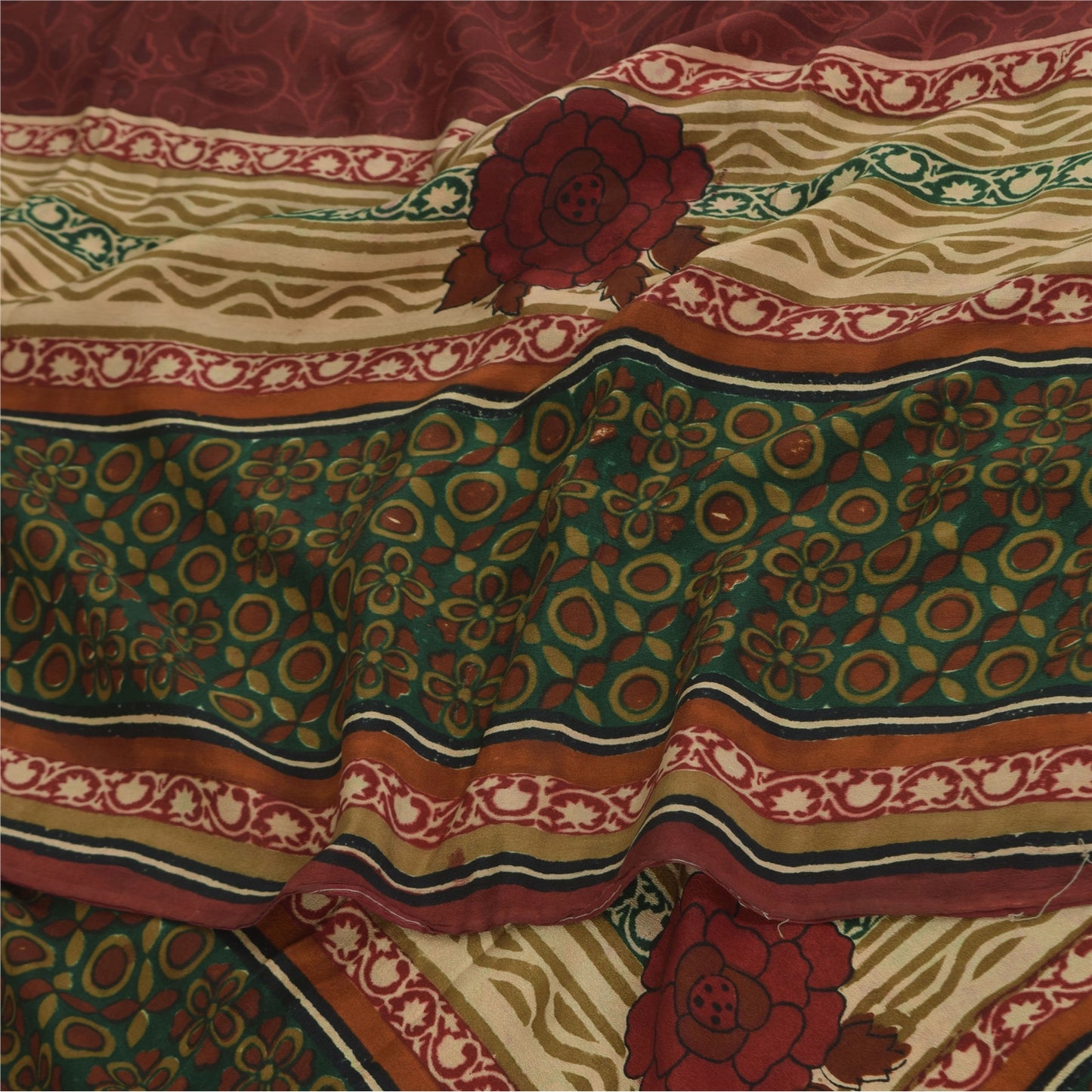 Sanskriti Vintage Sarees Dark Red Pure Crepe Silk Printed Sari 5+yd Craft Sustainable Fabric