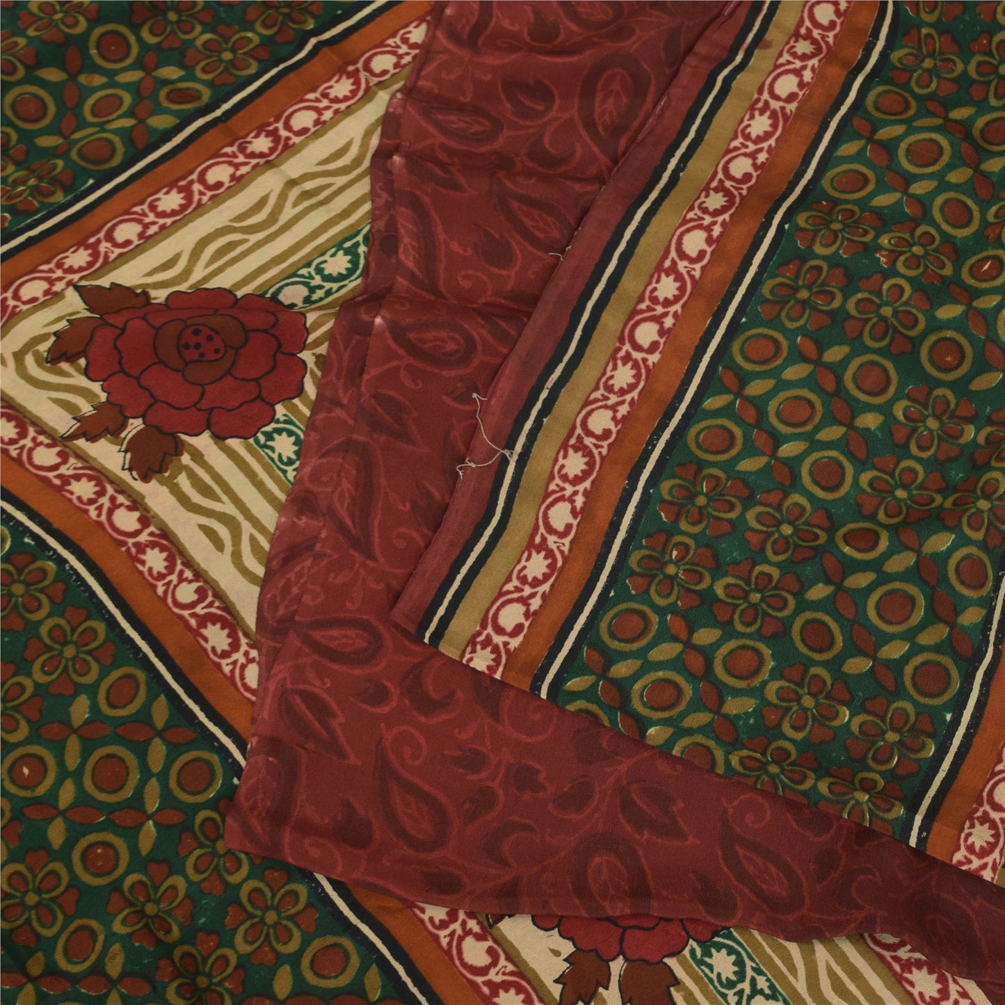 Sanskriti Vintage Sarees Dark Red Pure Crepe Silk Printed Sari 5+yd Craft Sustainable Fabric