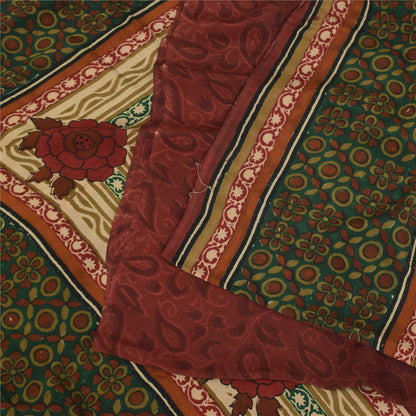 Sanskriti Vintage Sarees Dark Red Pure Crepe Silk Printed Sari 5+yd Craft Sustainable Fabric