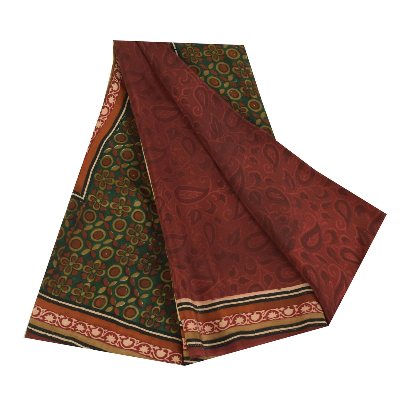 Sanskriti Vintage Sarees Dark Red Pure Crepe Silk Printed Sari 5+yd Craft Sustainable Fabric