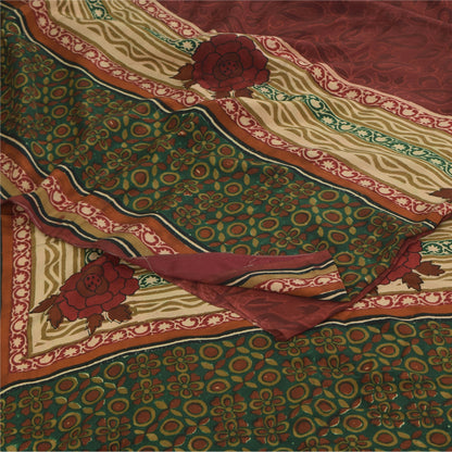 Sanskriti Vintage Sarees Dark Red Pure Crepe Silk Printed Sari 5+yd Craft Sustainable Fabric