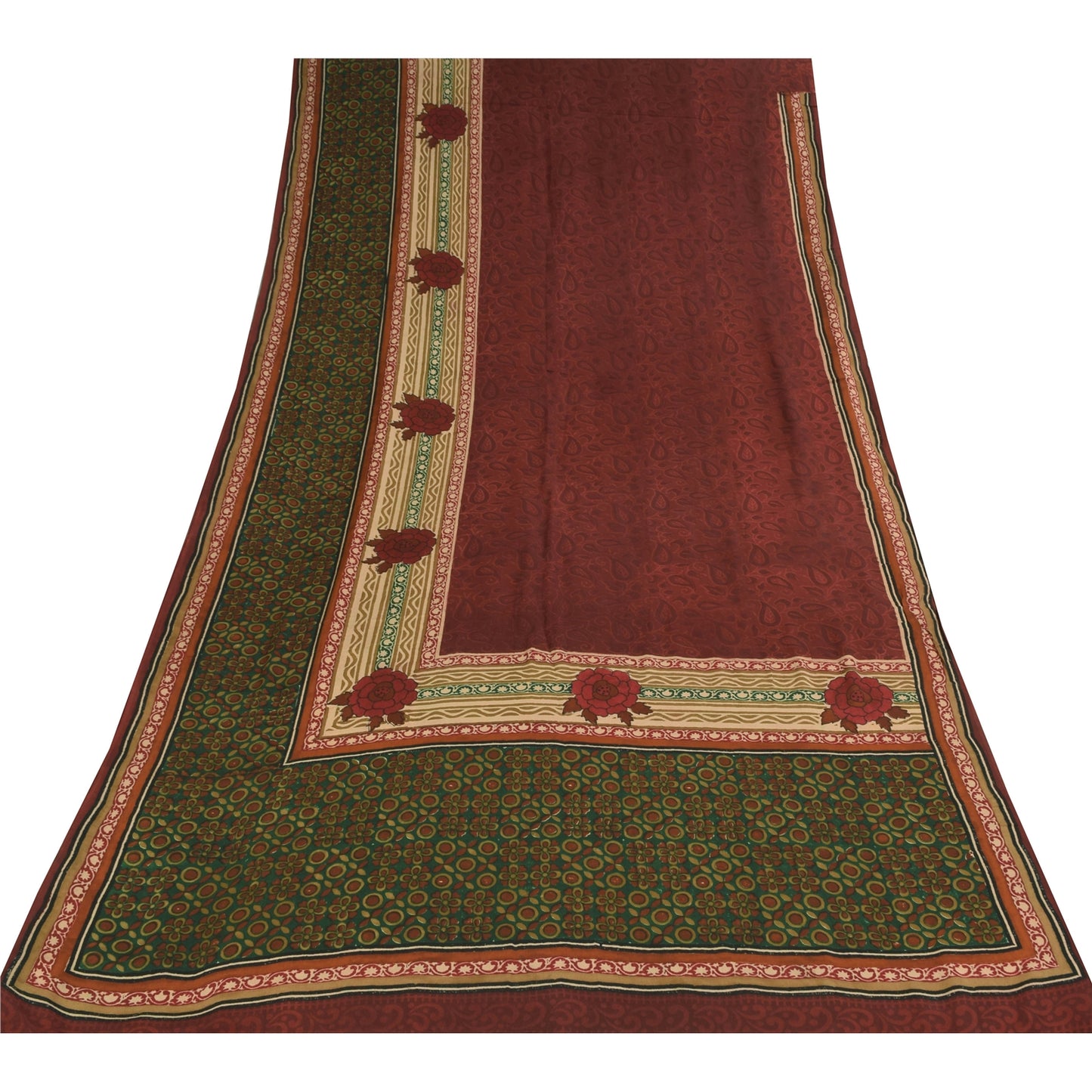 Sanskriti Vintage Sarees Dark Red Pure Crepe Silk Printed Sari 5+yd Craft Sustainable Fabric