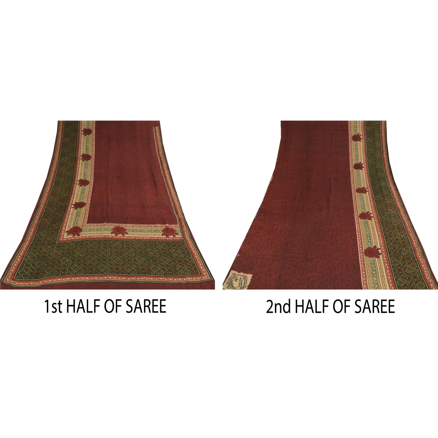 Sanskriti Vintage Sarees Dark Red Pure Crepe Silk Printed Sari 5+yd Craft Sustainable Fabric