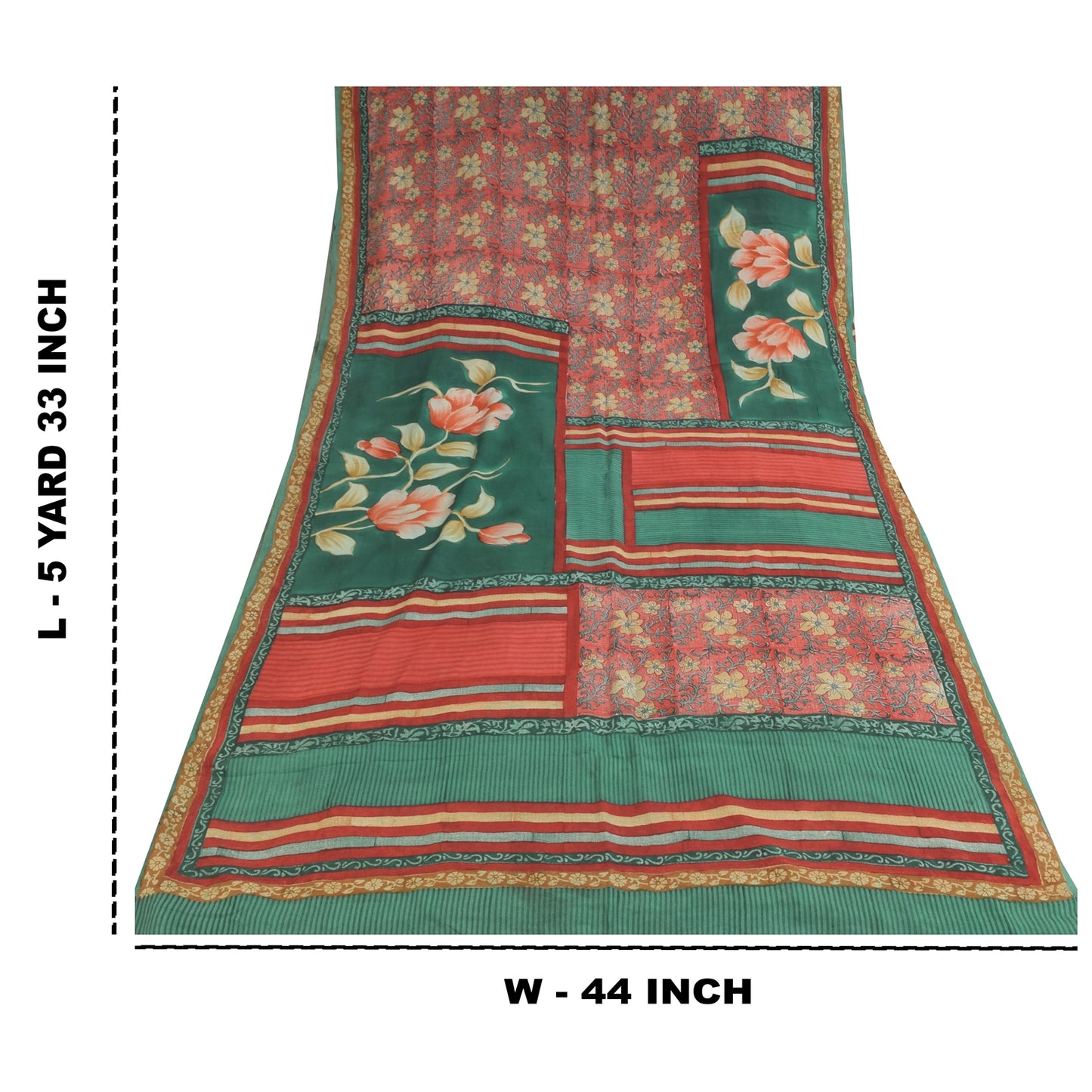 Sanskriti Vintage Sarier Grøn/Rød Ren Crepe Silke Print Sari 5+ yards Håndværk Bæredygtigt Stoff