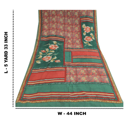 Sanskriti Vintage Sarier Grøn/Rød Ren Crepe Silke Print Sari 5+ yards Håndværk Bæredygtigt Stoff