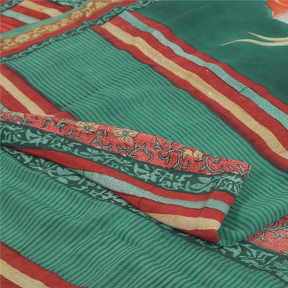 Sanskriti Vintage Sarier Grøn/Rød Ren Crepe Silke Print Sari 5+ yards Håndværk Bæredygtigt Stoff