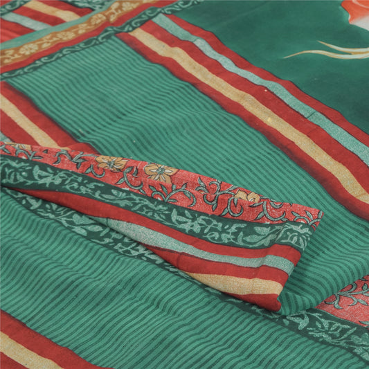 Sanskriti Vintage Sarees Green/Red Pure Crepe Silk Print Sari 5+yd Craft Sustainable Fabric