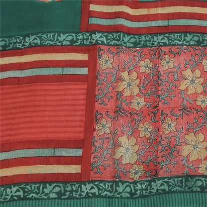 Sanskriti Vintage Sarier Grøn/Rød Ren Crepe Silke Print Sari 5+ yards Håndværk Bæredygtigt Stoff