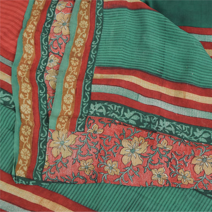 Sanskriti Vintage Sarier Grøn/Rød Ren Crepe Silke Print Sari 5+ yards Håndværk Bæredygtigt Stoff
