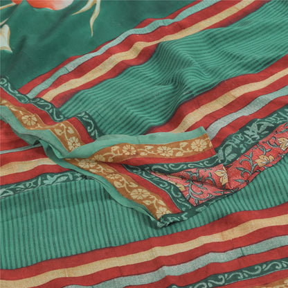 Sanskriti Vintage Sarier Grøn/Rød Ren Crepe Silke Print Sari 5+ yards Håndværk Bæredygtigt Stoff