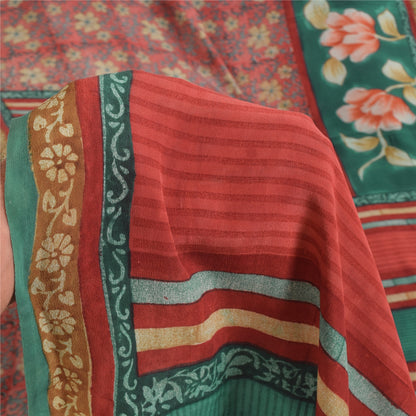 Sanskriti Vintage Sarier Grøn/Rød Ren Crepe Silke Print Sari 5+ yards Håndværk Bæredygtigt Stoff