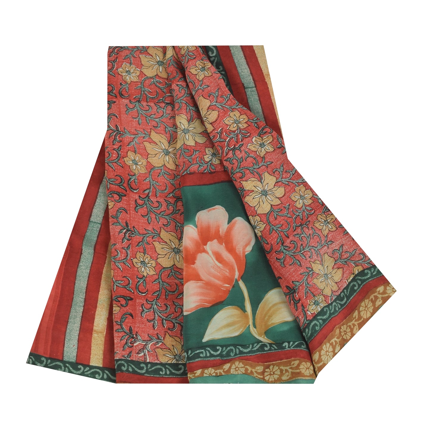 Sanskriti Vintage Sarier Grøn/Rød Ren Crepe Silke Print Sari 5+ yards Håndværk Bæredygtigt Stoff