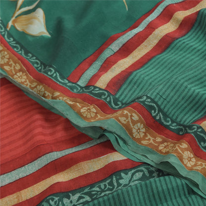Sanskriti Vintage Sarier Grøn/Rød Ren Crepe Silke Print Sari 5+ yards Håndværk Bæredygtigt Stoff