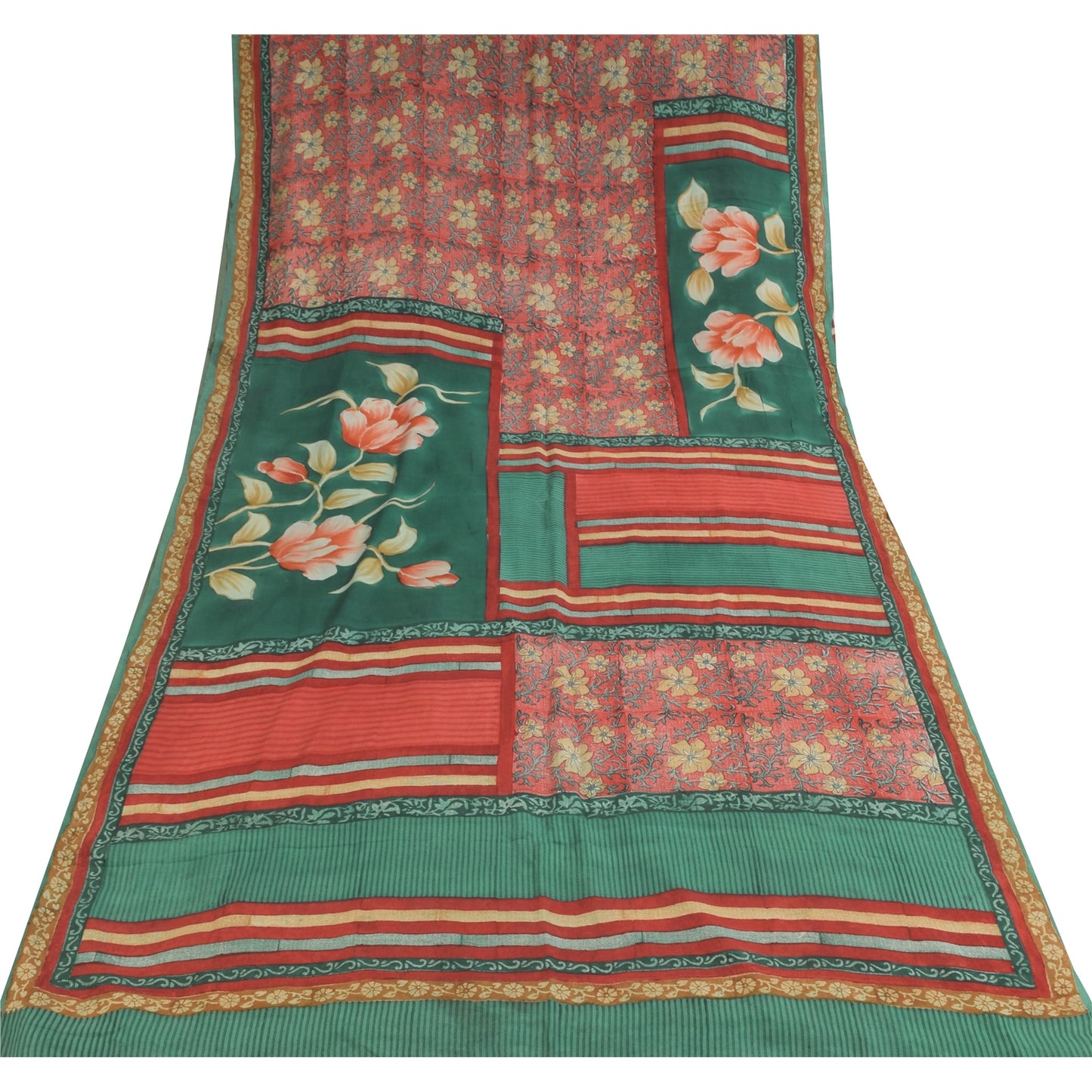 Sanskriti Vintage Sarier Grøn/Rød Ren Crepe Silke Print Sari 5+ yards Håndværk Bæredygtigt Stoff