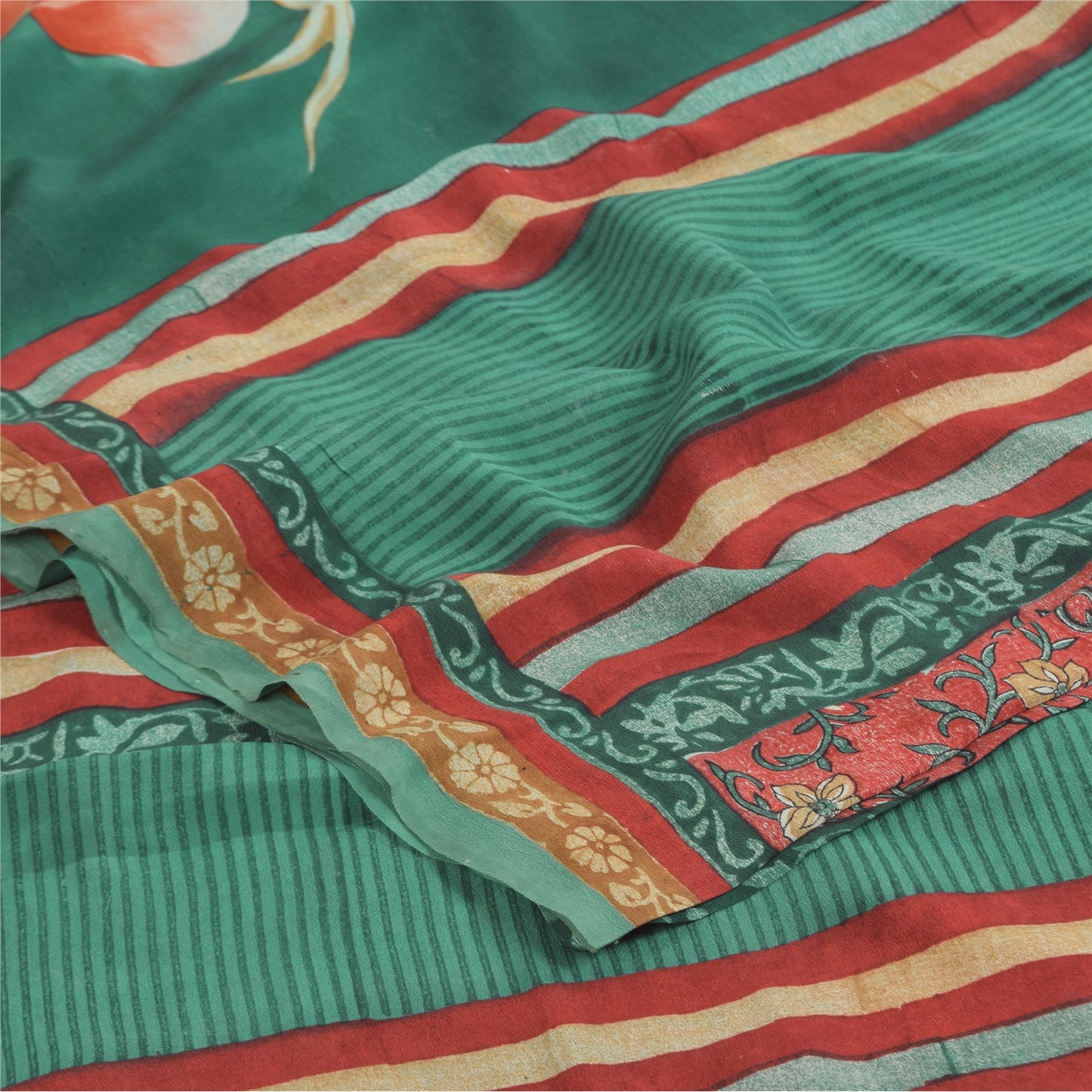 Sanskriti Vintage Sarier Grøn/Rød Ren Crepe Silke Print Sari 5+ yards Håndværk Bæredygtigt Stoff
