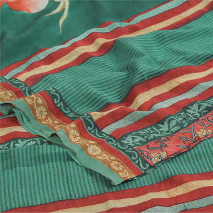 Sanskriti Vintage Sarier Grøn/Rød Ren Crepe Silke Print Sari 5+ yards Håndværk Bæredygtigt Stoff