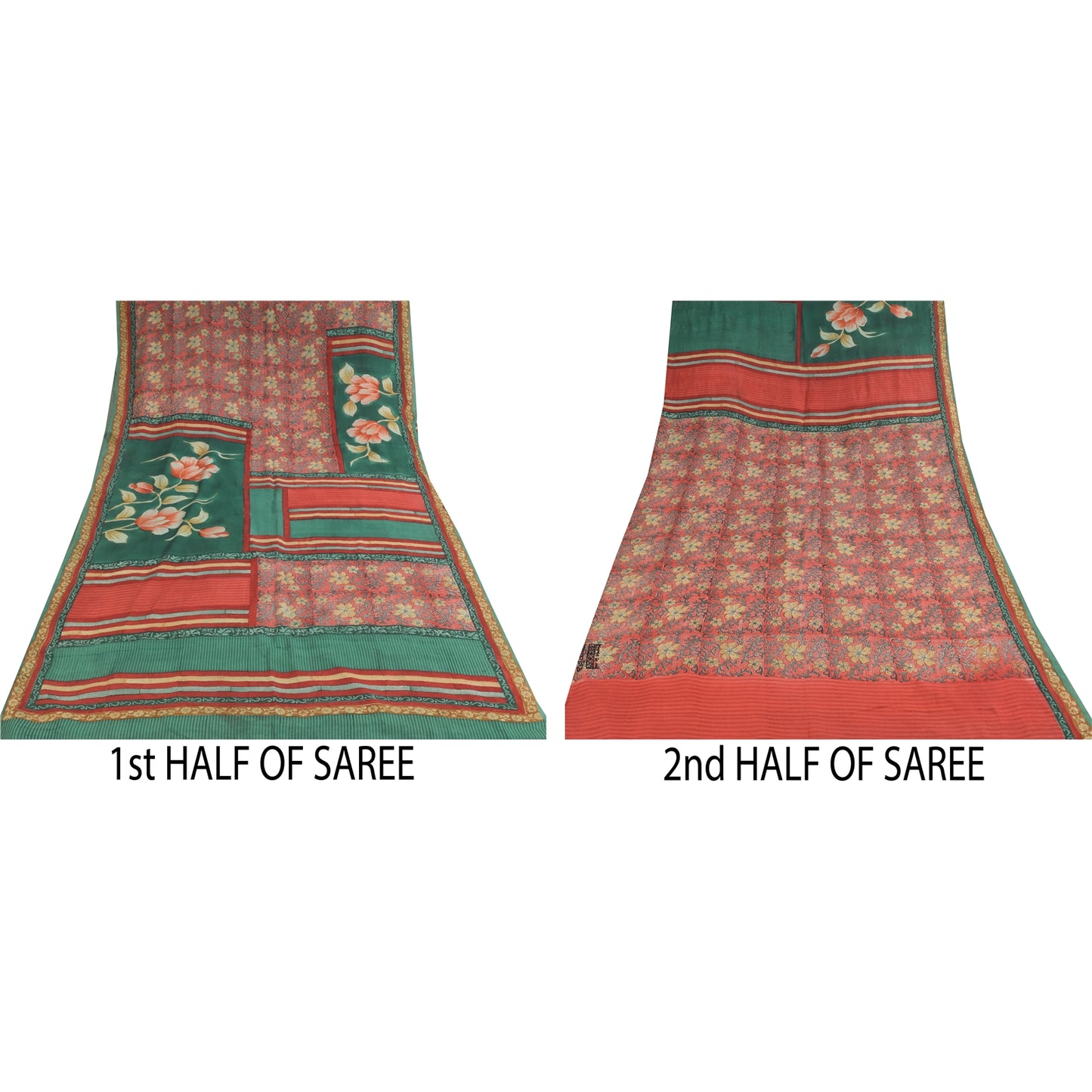 Sanskriti Vintage Sarier Grøn/Rød Ren Crepe Silke Print Sari 5+ yards Håndværk Bæredygtigt Stoff