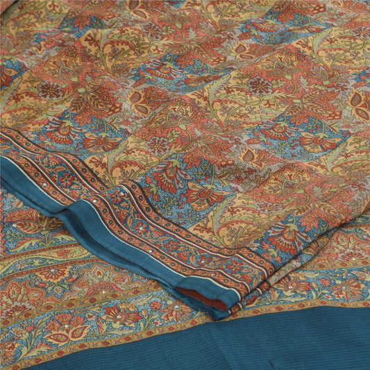 Sanskriti Vintage Sarees Multicolor Pure Crepe Silk Print Sari 5+yd Craft Sustainable Fabric