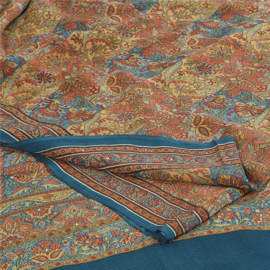 Sanskriti Vintage Sarees Multicolor Pure Crepe Silk Print Sari 5+yd Craft Sustainable Fabric