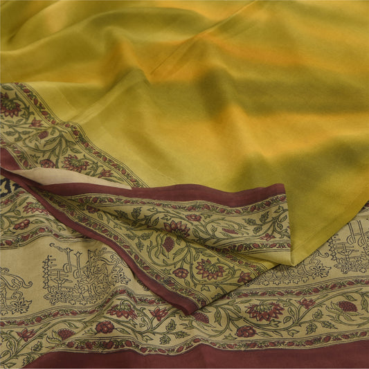 Sanskriti Vintage Sarees Green Pure Crepe Silk Printed Sari 5+yd Craft Sustainable Fabric