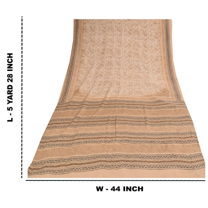 Sanskriti Vintage Sarees Peach Pure Crepe Silk Printed Sari 5+yd Craft Sustainable Fabric