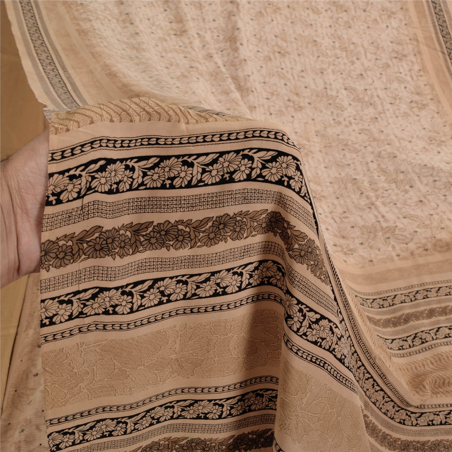 Sanskriti Vintage Sarees Peach Pure Crepe Silk Printed Sari 5+yd Craft Sustainable Fabric