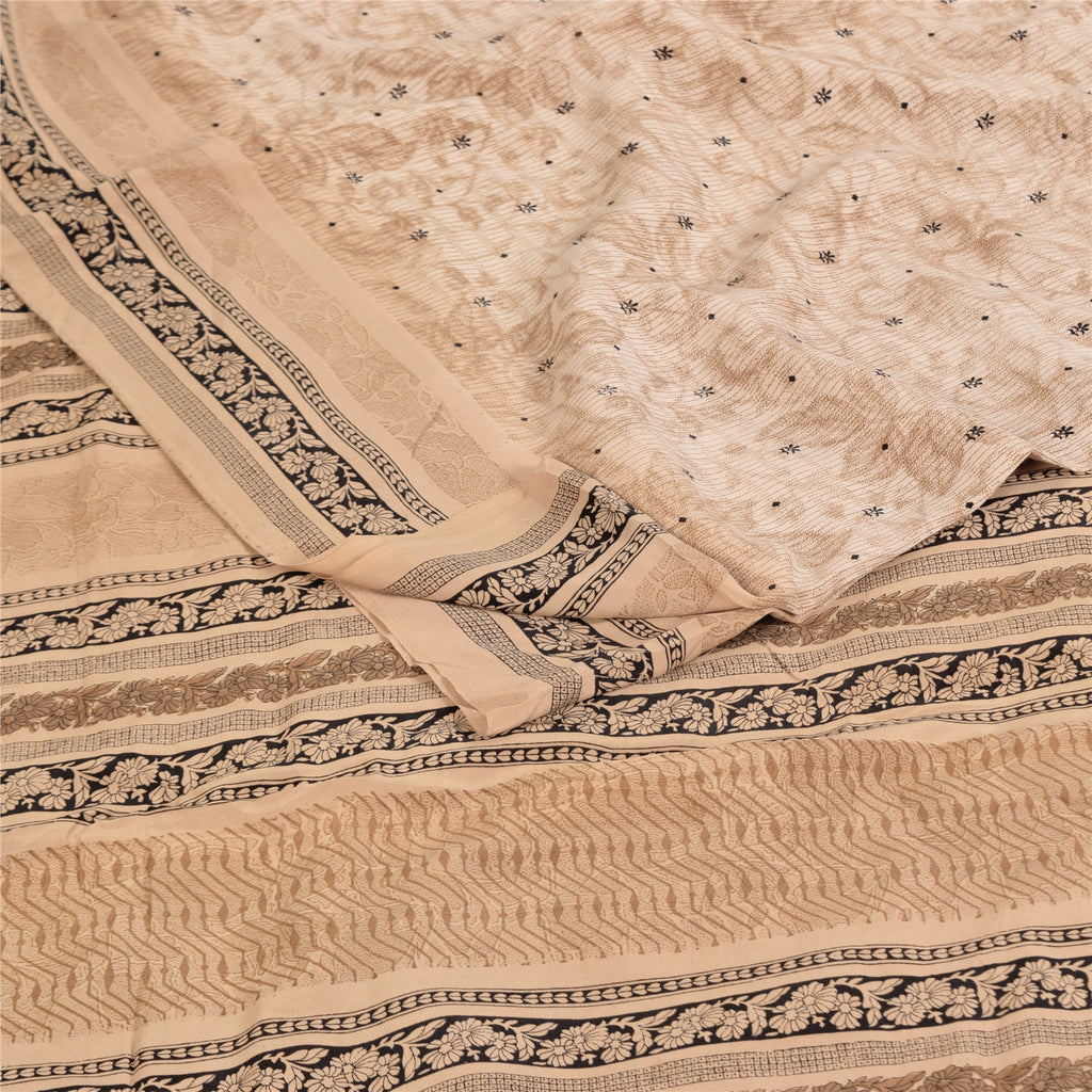 Sanskriti Vintage Sarees Peach Pure Crepe Silk Printed Sari 5+yd Craft Sustainable Fabric