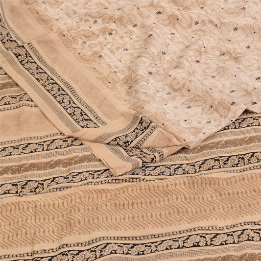 Sanskriti Vintage Sarees Peach Pure Crepe Silk Printed Sari 5+yd Craft Sustainable Fabric