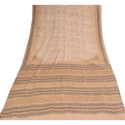 Sanskriti Vintage Sarees Peach Pure Crepe Silk Printed Sari 5+yd Craft Sustainable Fabric