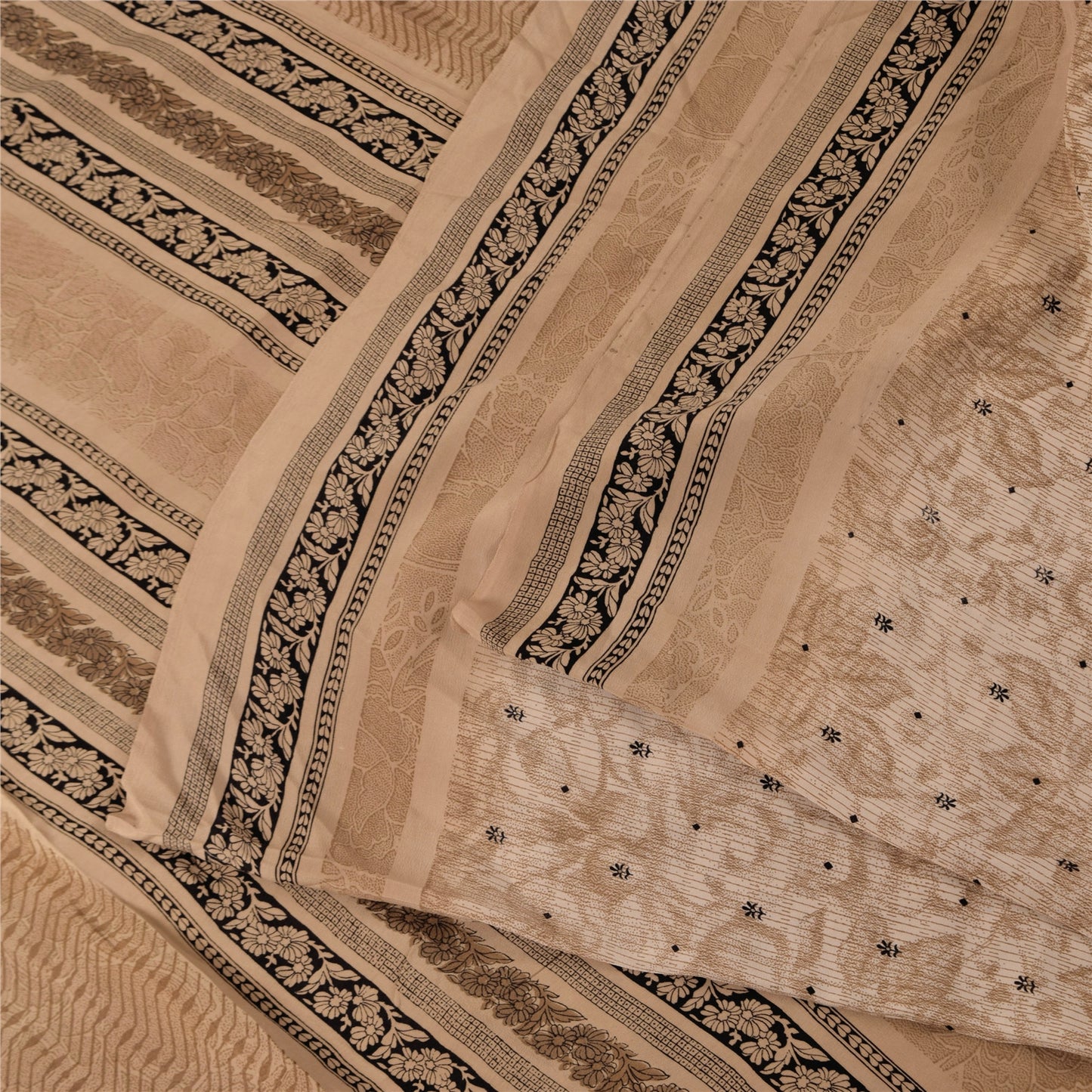 Sanskriti Vintage Sarees Peach Pure Crepe Silk Printed Sari 5+yd Craft Sustainable Fabric