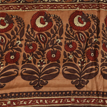 Sanskriti Vintage Sarees Brown Pure Crepe Silk Printed Sari 5+yd Craft Fabric