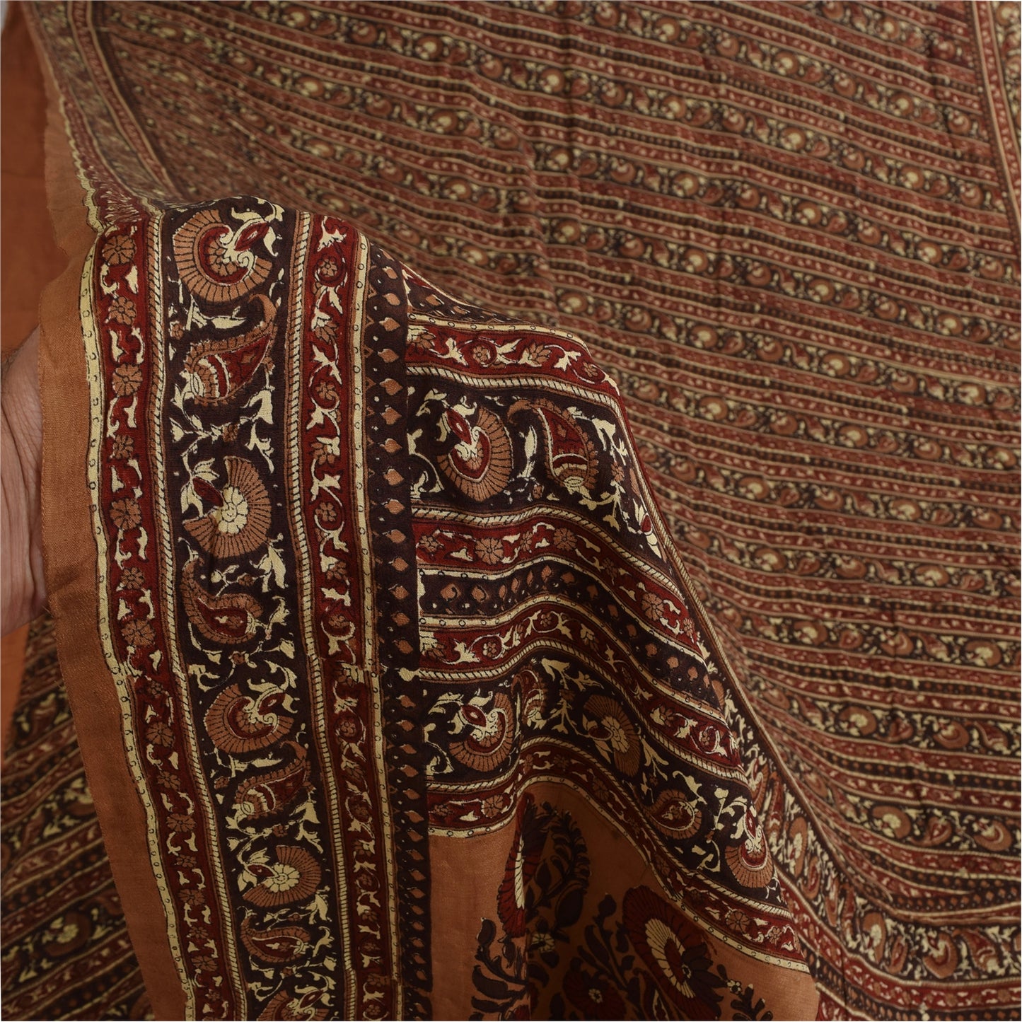 Sanskriti Vintage Sarees Brown Pure Crepe Silk Printed Sari 5+yd Craft Fabric