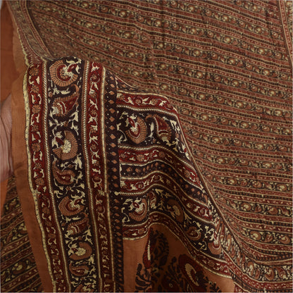 Sanskriti Vintage Sarees Brown Pure Crepe Silk Printed Sari 5+yd Craft Fabric