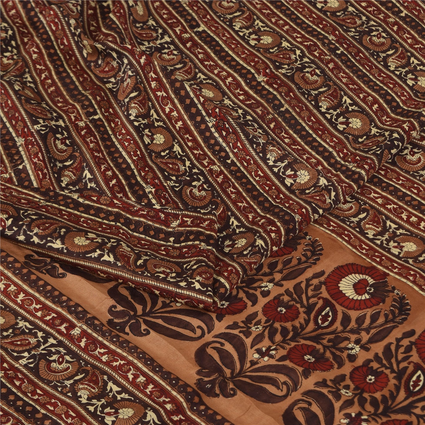 Sanskriti Vintage Sarees Brown Pure Crepe Silk Printed Sari 5+yd Craft Fabric