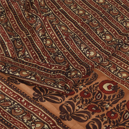 Sanskriti Vintage Sarees Brown Pure Crepe Silk Printed Sari 5+yd Craft Fabric