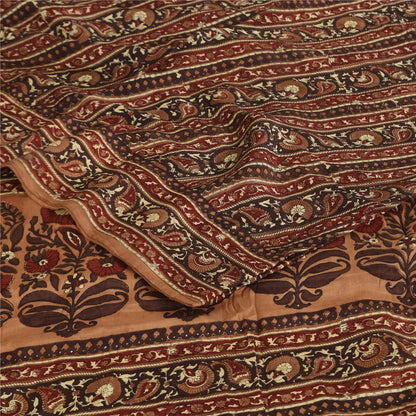 Sanskriti Vintage Sarees Brown Pure Crepe Silk Printed Sari 5+yd Craft Fabric