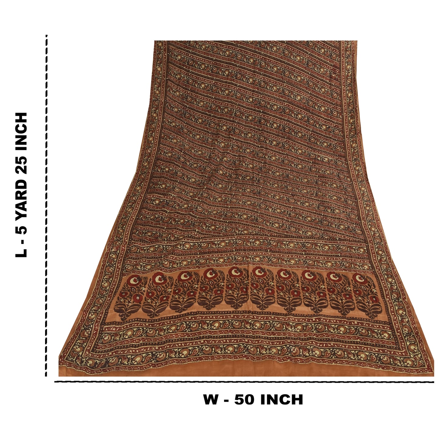 Sanskriti Vintage Sarees Brown Pure Crepe Silk Printed Sari 5+yd Craft Fabric