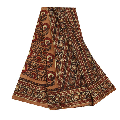 Sanskriti Vintage Sarees Brown Pure Crepe Silk Printed Sari 5+yd Craft Fabric